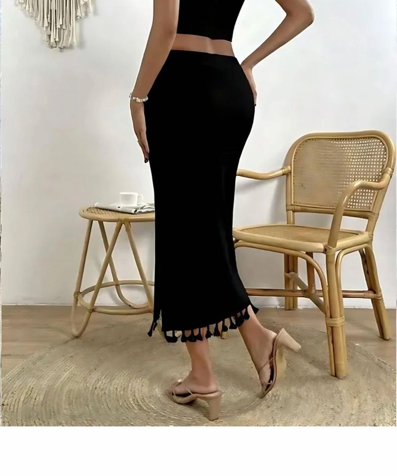 Chic Black Maxi Skirt with Tassels