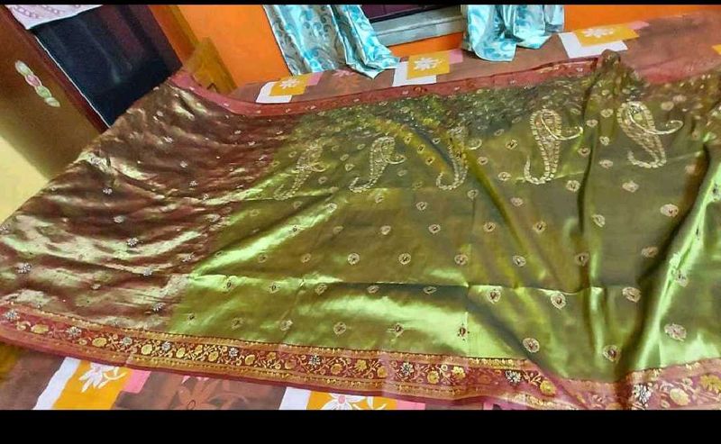 Elegant Olive Green Saree with Gold Embroidery