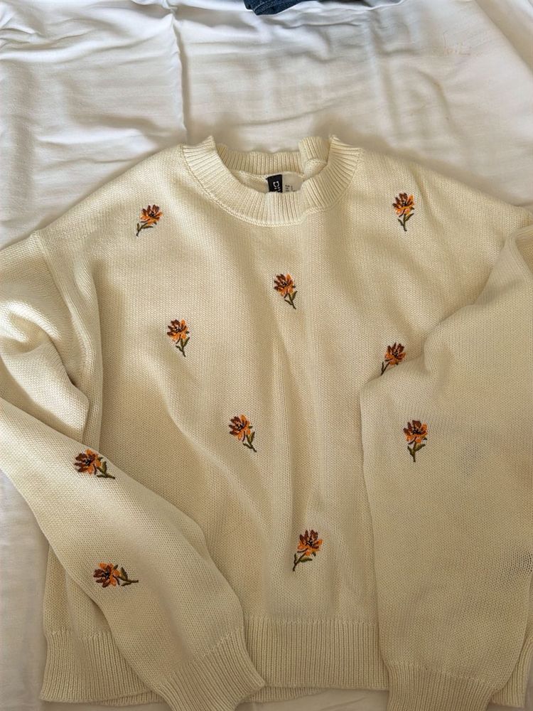 Cream Embroidered Flower Sweater