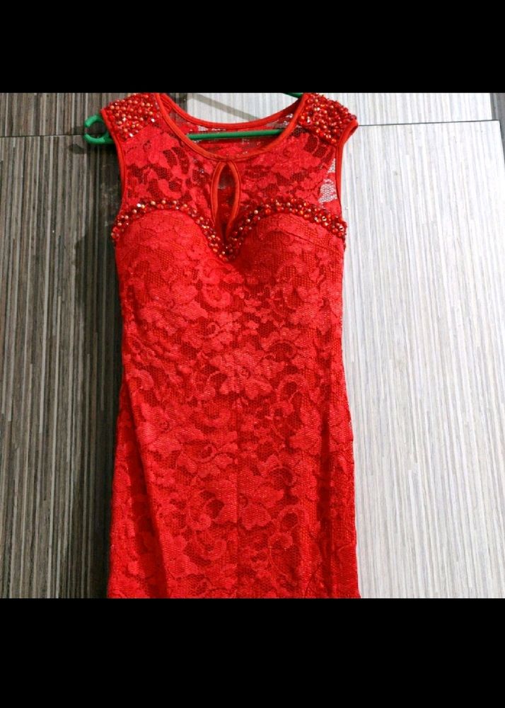 Red Valentine Lace Dress with Beaded Detail