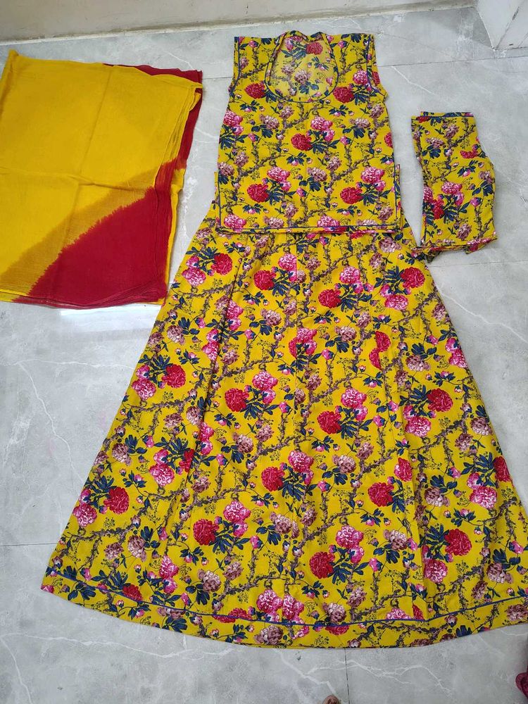 Yellow Floral Kurta Set with Dupatta