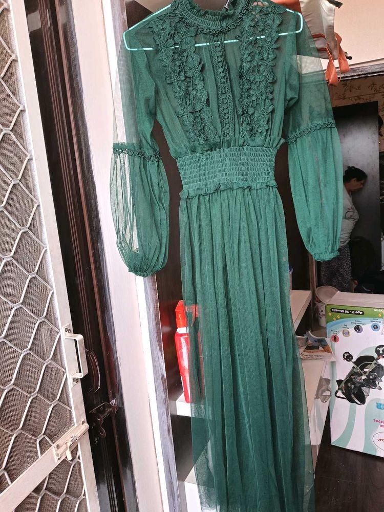 Elegant Green Mesh Dress smoked waist