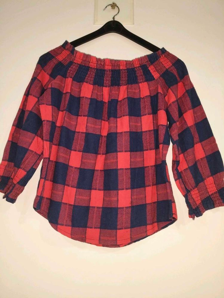 Off Shoulder Red &amp; Navy checkered Top