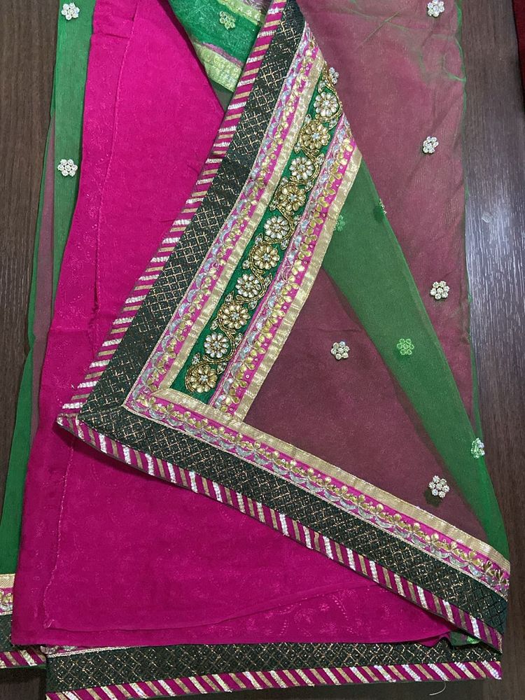 Designer Handwork Pink And Green Saree