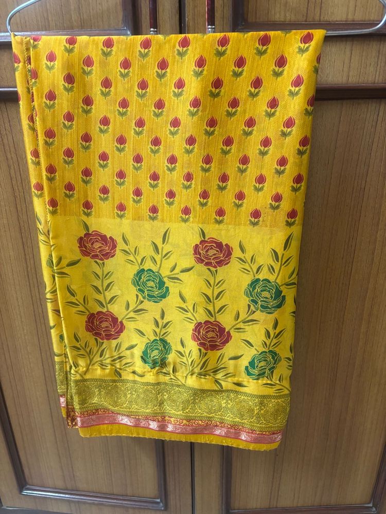 Vibrant Yellow Floral Print Saree