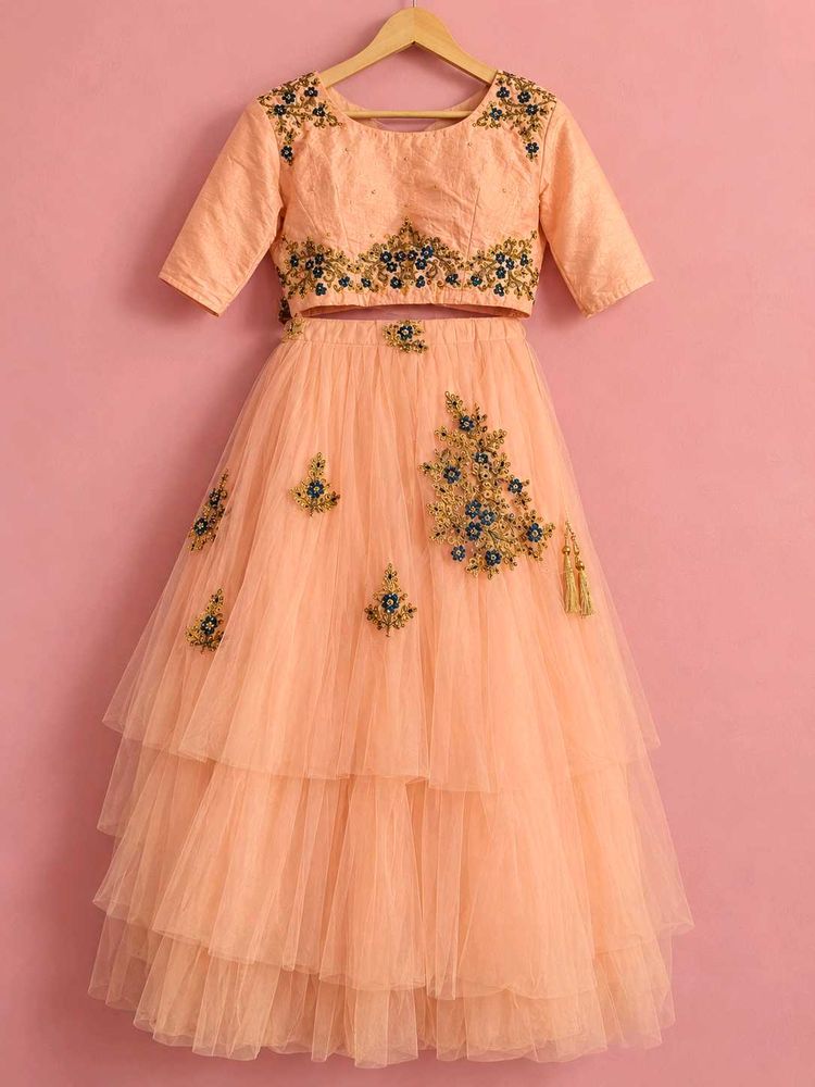 Peach Tiered Lehenga Choli with Embroidery