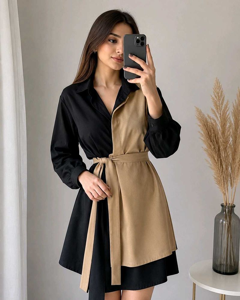 Women's Black &amp; Beige A-Line Shirt Dress
