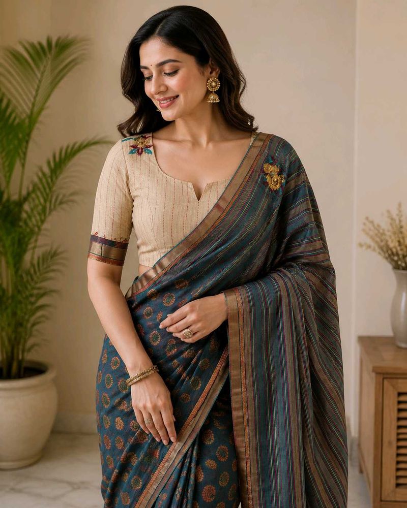 Elegant Teal Saree with Floral Motifs