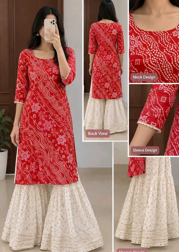 Red Bandhani Print Kurta Sharara Set