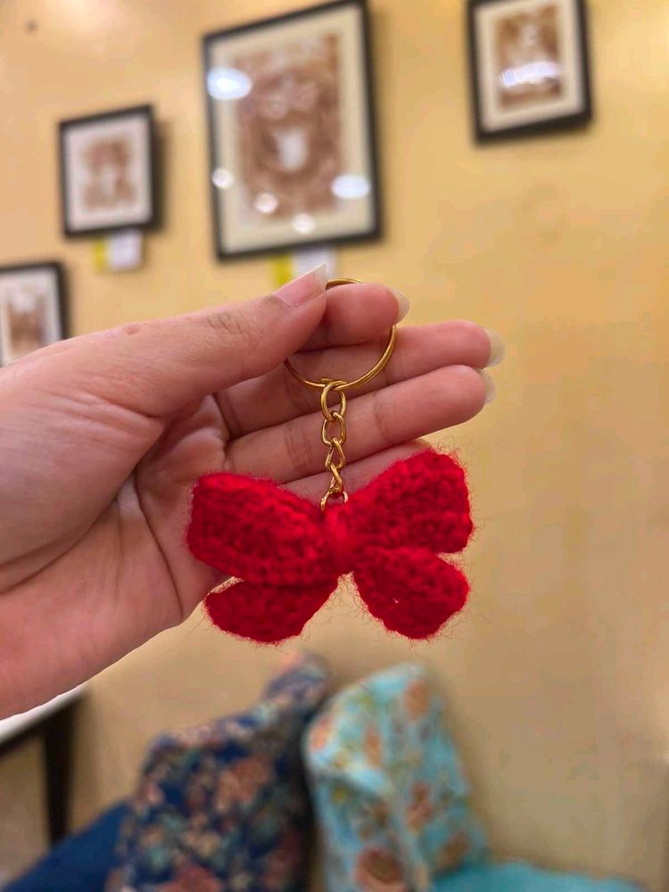 Handmade Crochet Red Bow Keychain