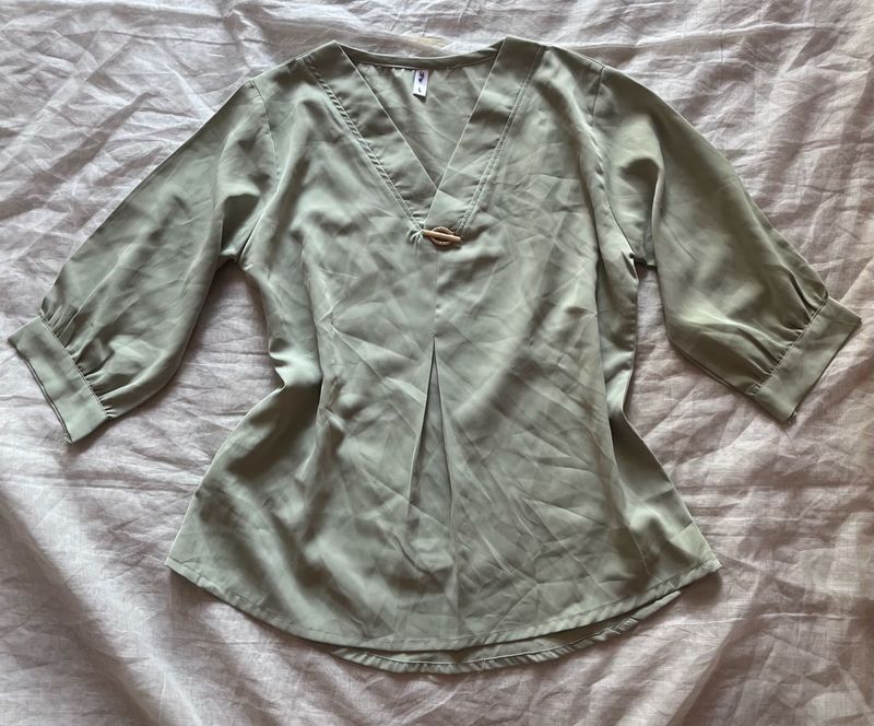 Elegant Sage Green V-Neck Blouse