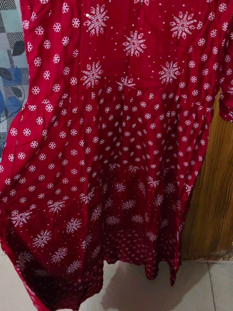Red Kurta with Snowflake Print