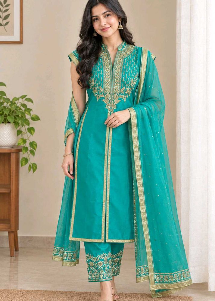 Beautiful Teal Kurta Set with Gold Embroidery