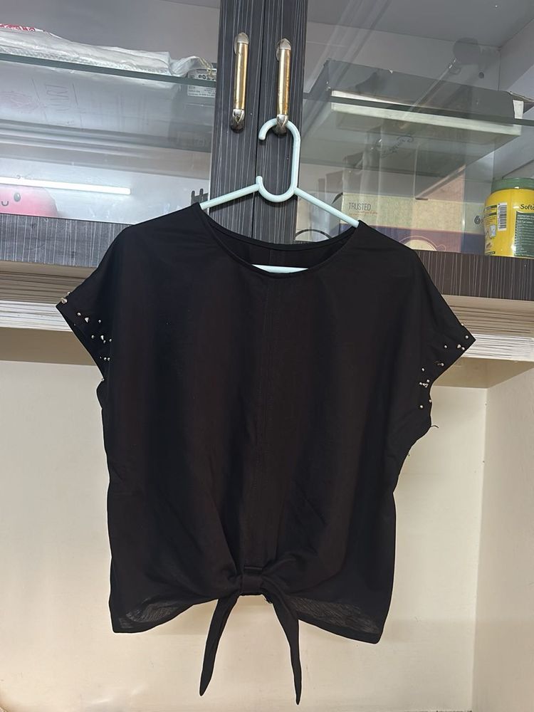 Black Tie-Front Top