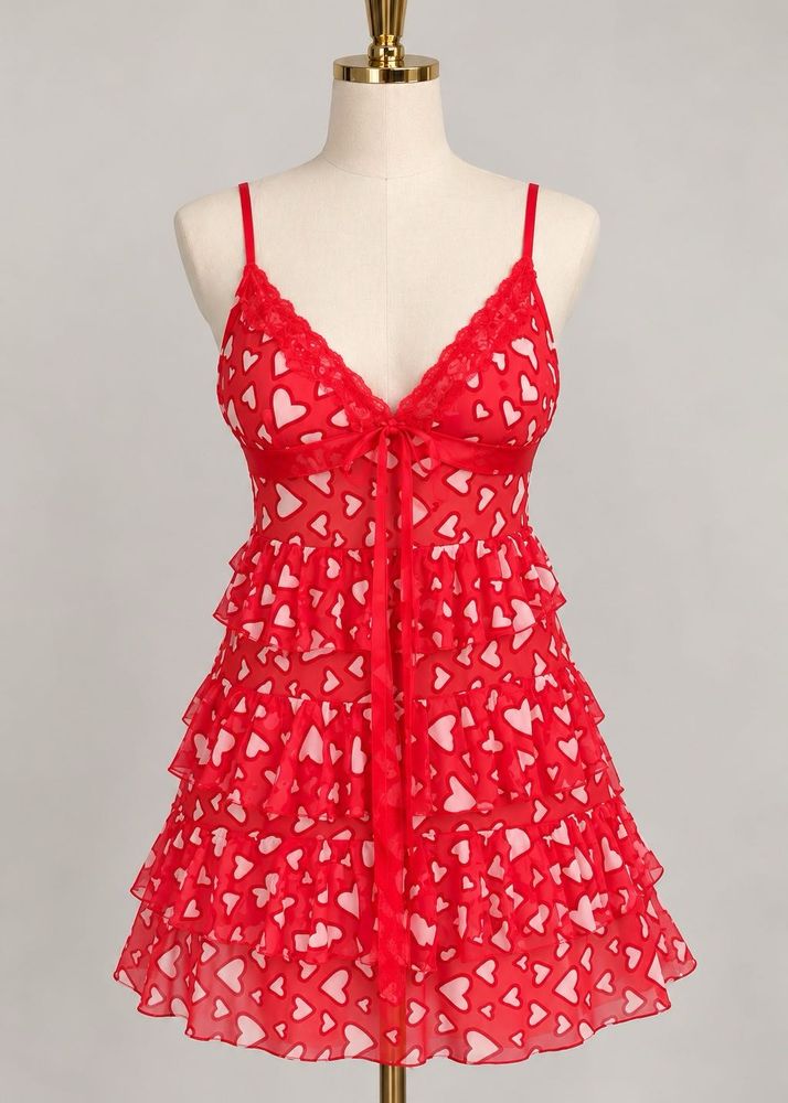 Red Heart Print Babydoll Nightwear