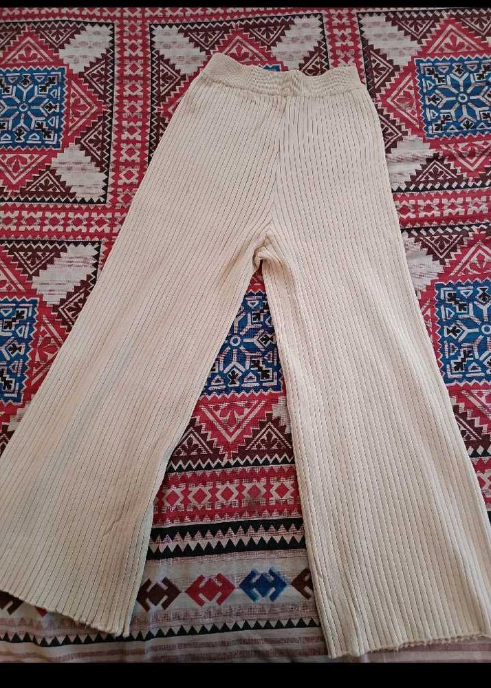 Cream Ribbed straight fit pants