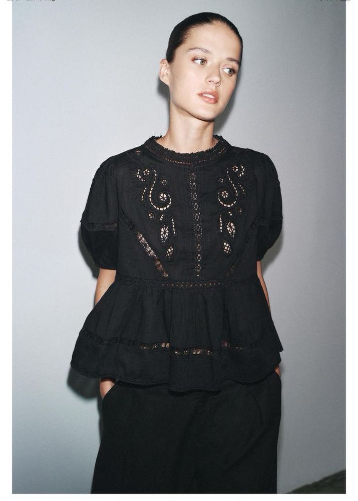 Chic Black Embroidered peplum Top