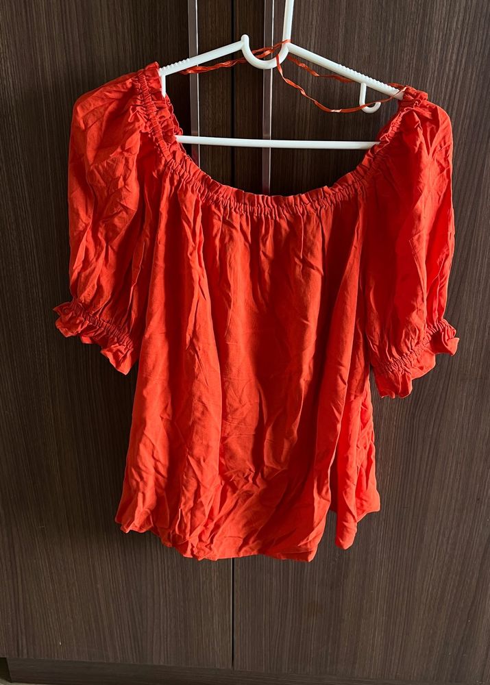 Orange Off-Shoulder Puff Sleeve Top