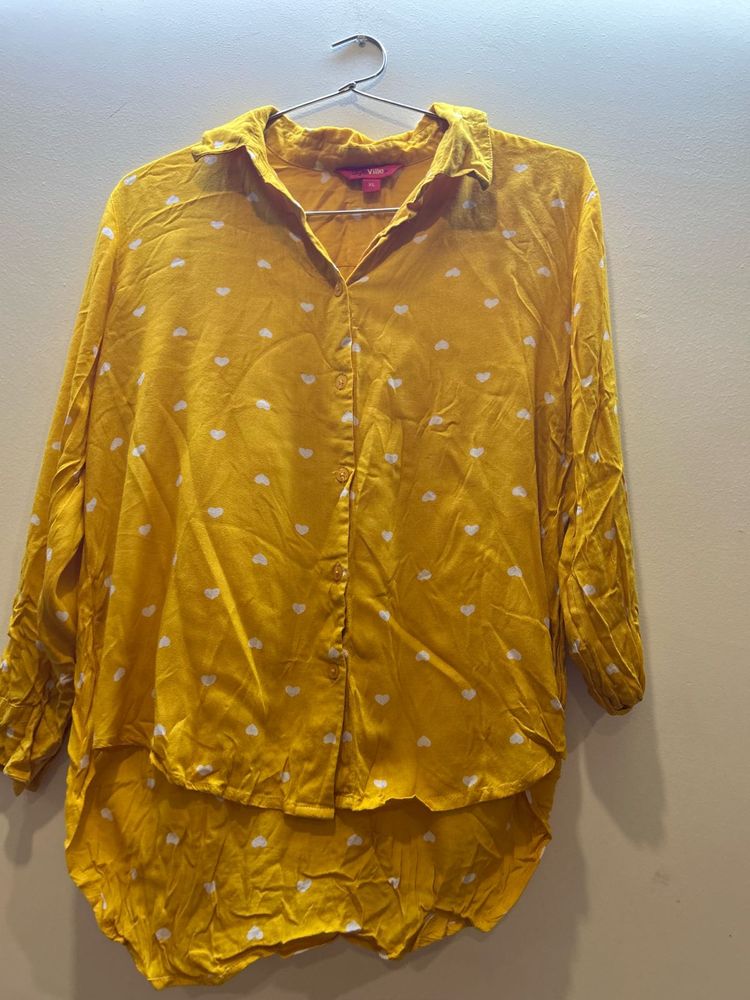 Yellow Heart Print Button-Up Shirt