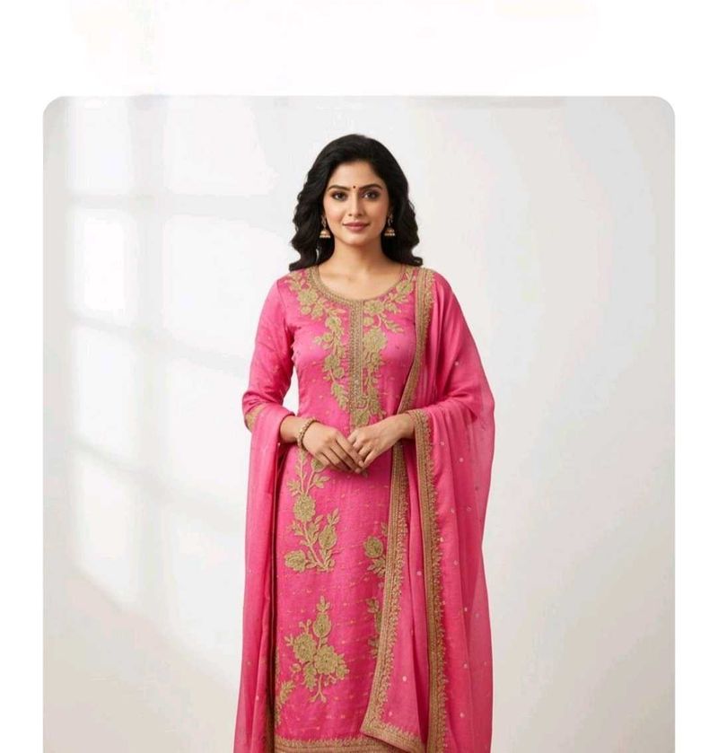 💖Elegant Pink Unstitched Embroidered Kurta Set