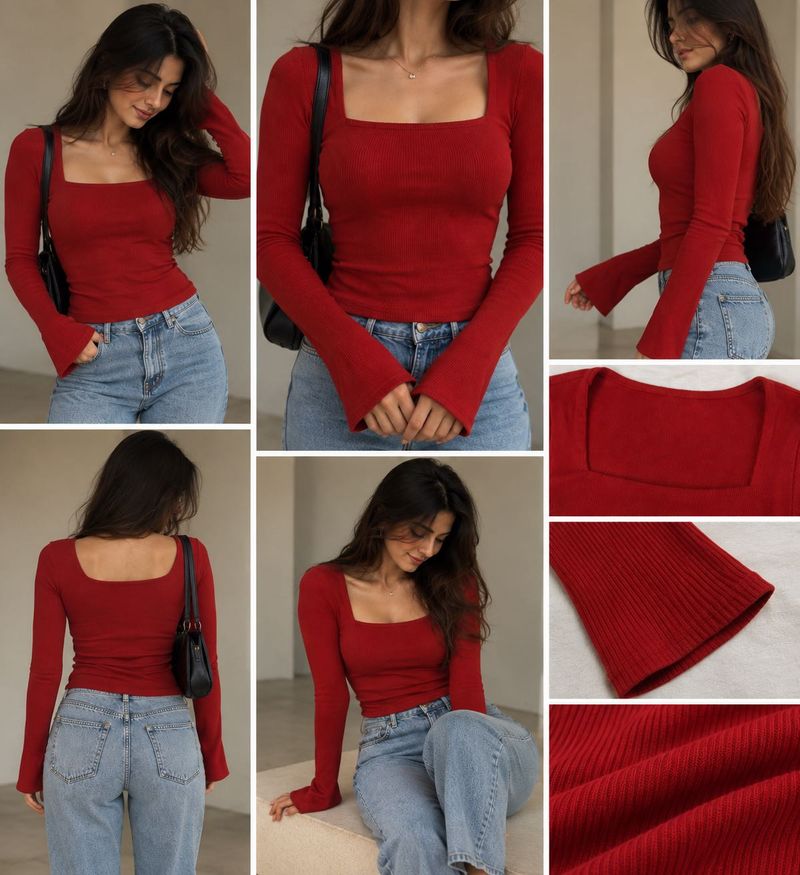 Red Ribbed Square Neck Full-Sleeve Top – Size L