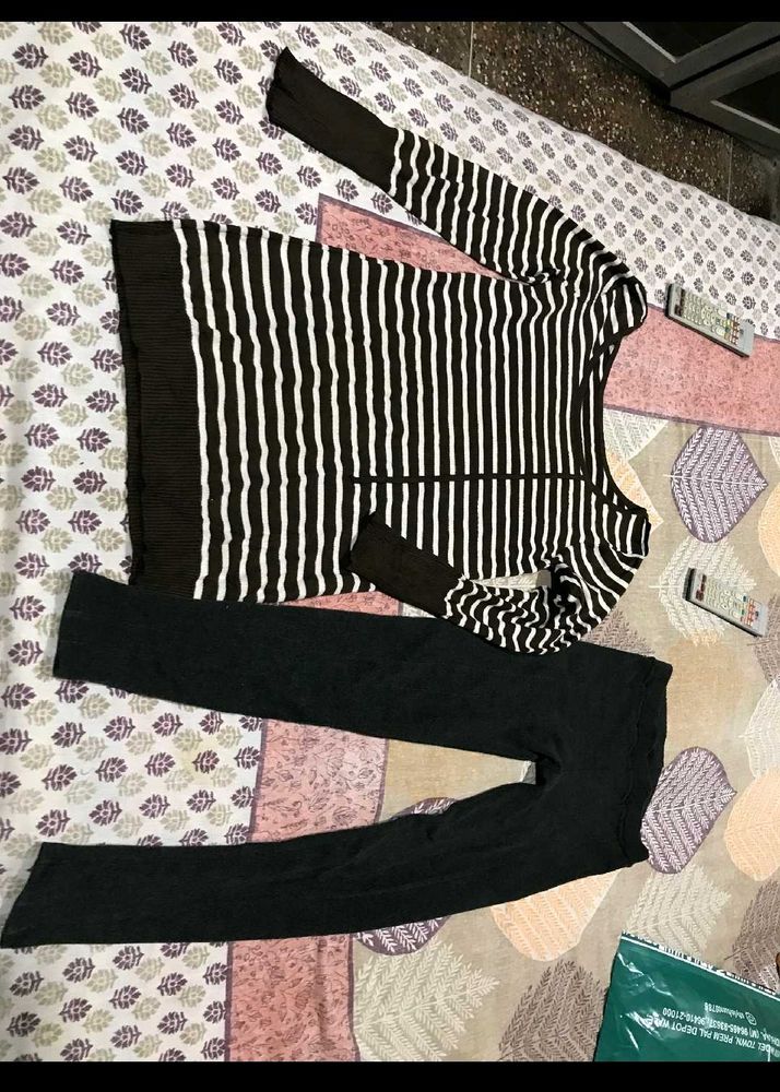 Striped Long Sleeve Top &amp; grey Leggings Set