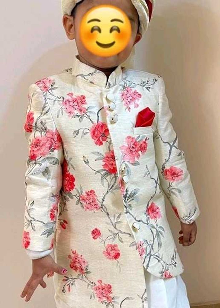 raw silk ivory colored kids sherwani with dhoti