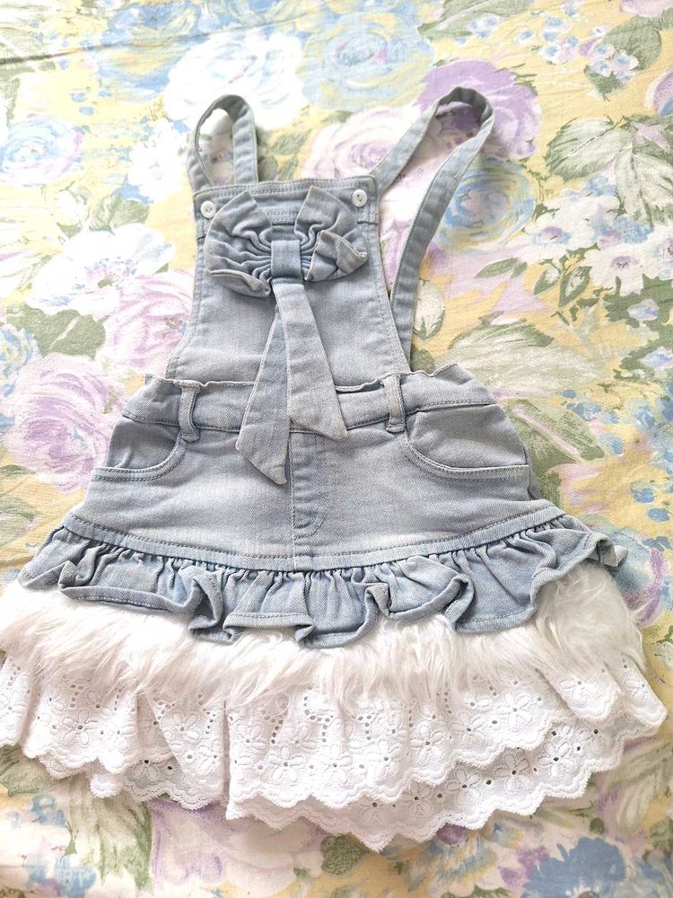 Cute Denim Overalls Dress with Fur Trim