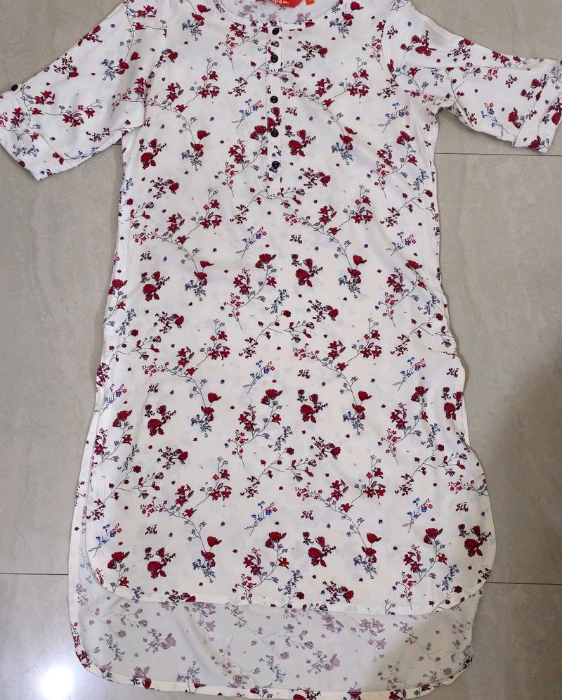 White Floral Print Kurta