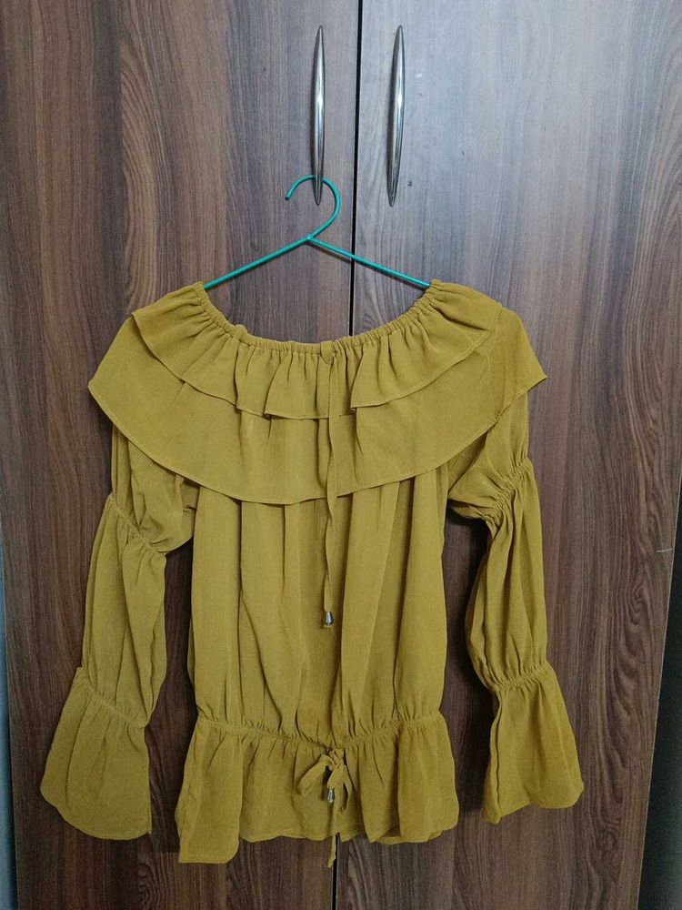 Stylish Mustard Ruffled Off-Shoulder Top