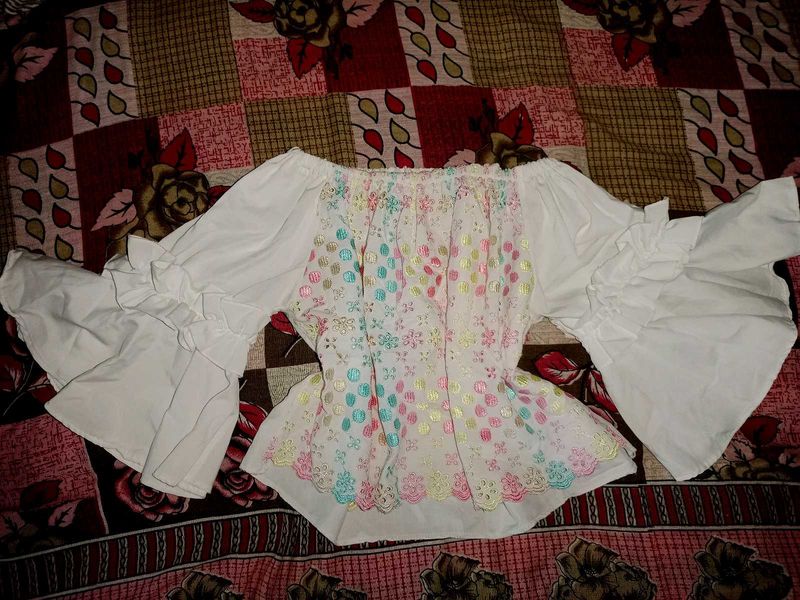 White Embroidered Half Shoulder Top