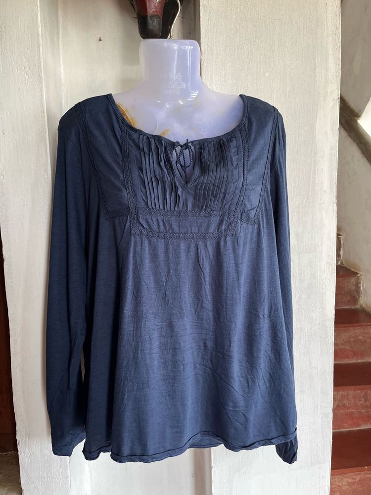 Blue Pleated Neckline Long Sleeve Top