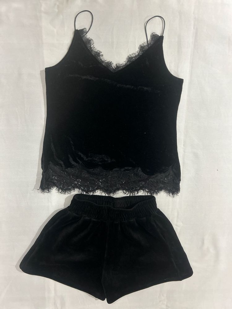 Velvet Lace Trim Cami &amp; Shorts Set