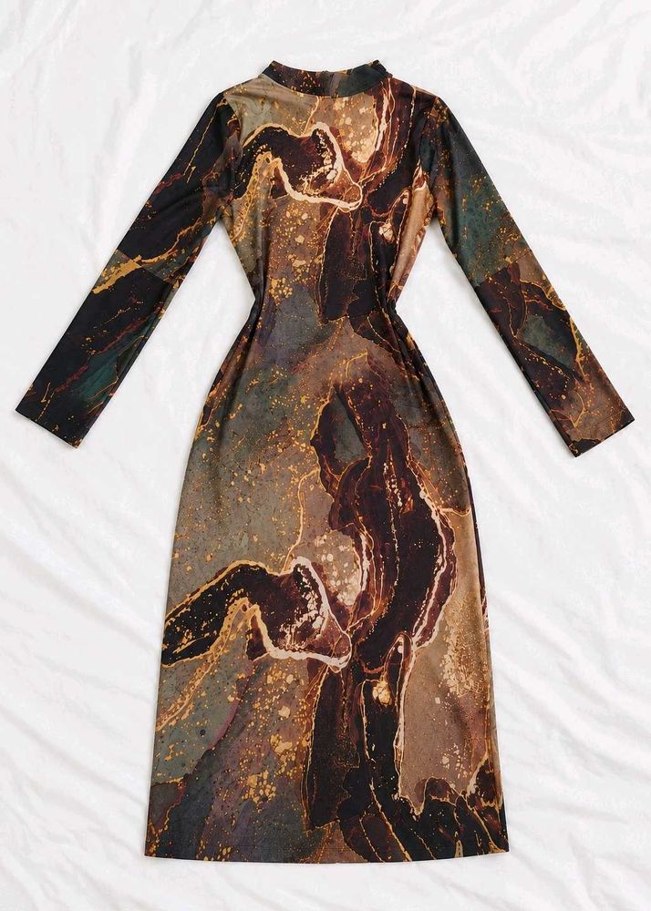 🤎✨ MOCHA MARBLE — Luxe Abstract Print Midi Dres