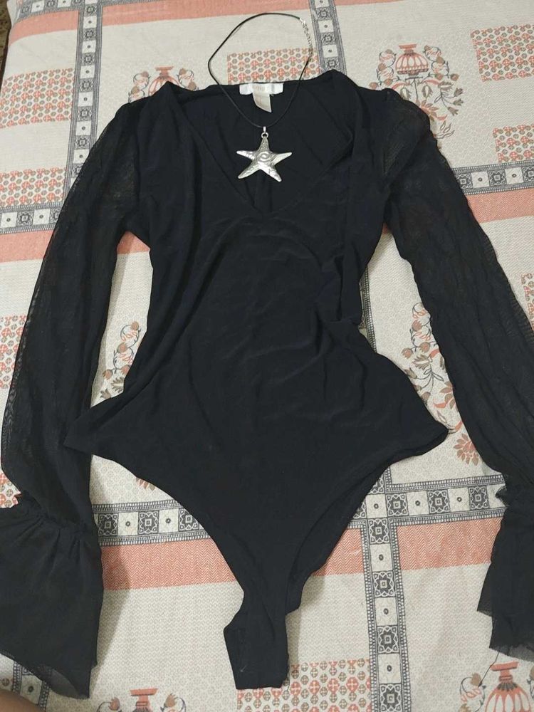 Gothic Black Bell Sleeve Bodysuit