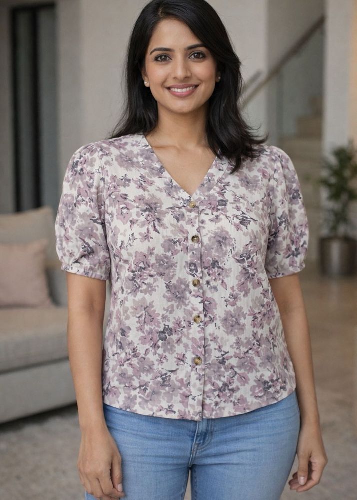 Floral Print V-Neck Puff Sleeve Top