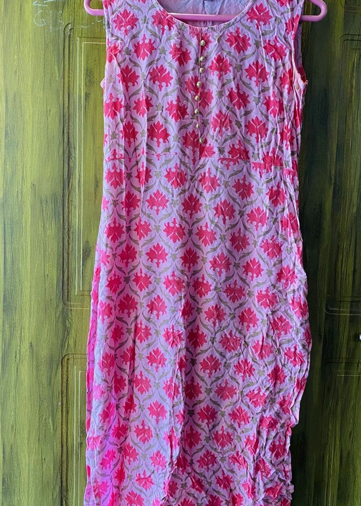 Pink &amp; Red Floral Print Kurta