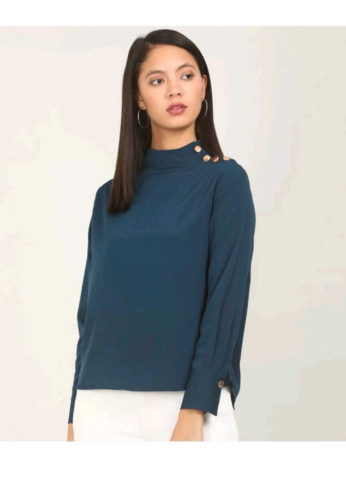 Teal Mock Neck Button Detail Top