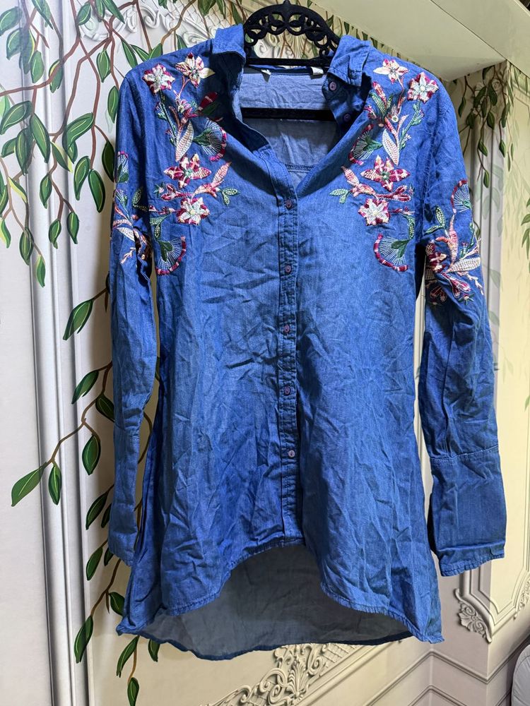 Embroidered Denim Tunic Shirt