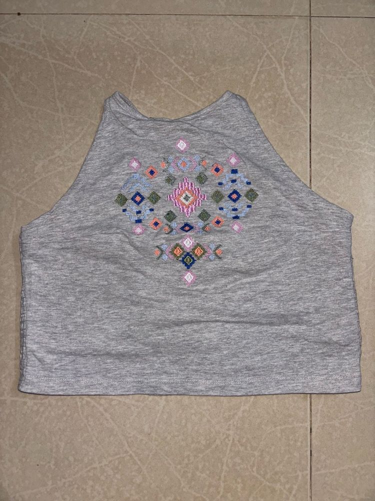 Grey Embroidered Halter Neck Crop Top