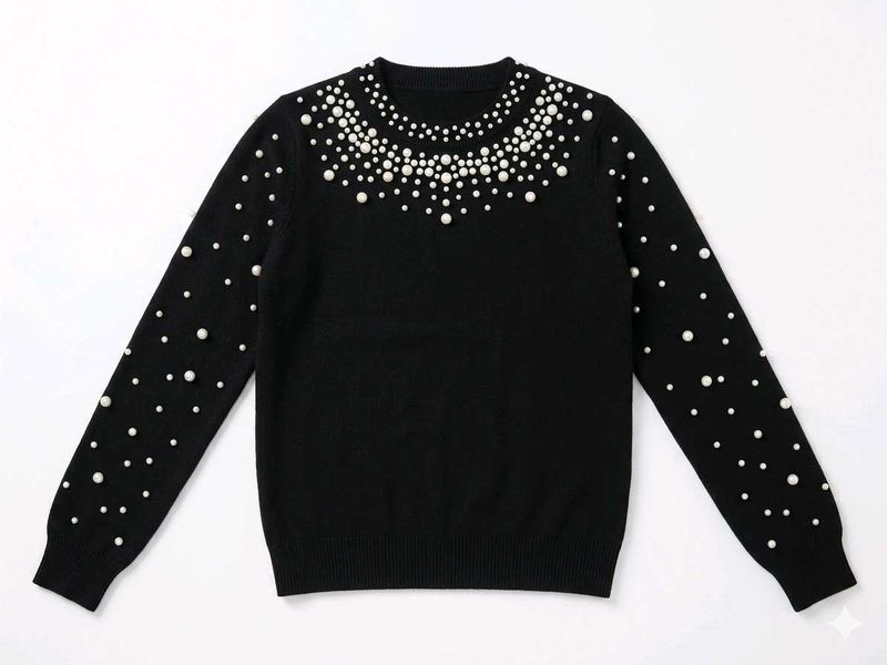 Chic Pearl Embellished Black Sweater