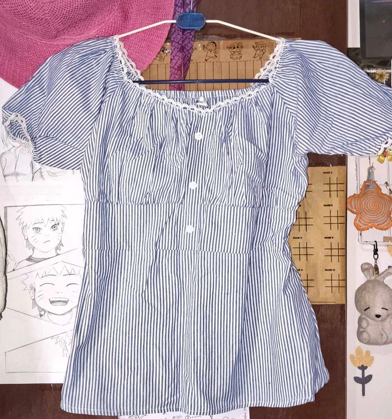 Blue Striped Puff Sleeve Top