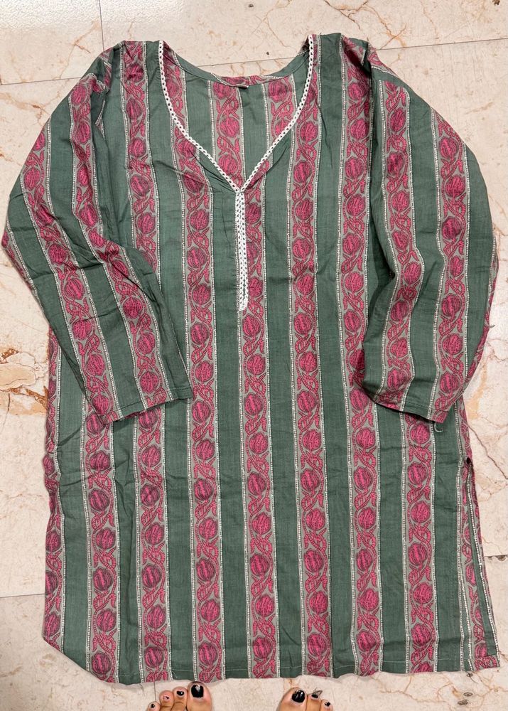 Green Striped Kurta with Pink Floral Print
