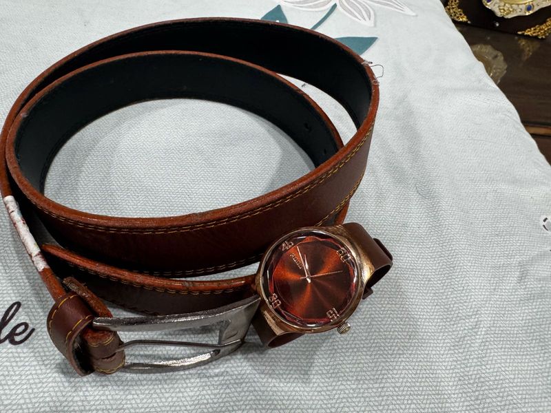 Stylish Brown Leather Belt &amp; Watch Set