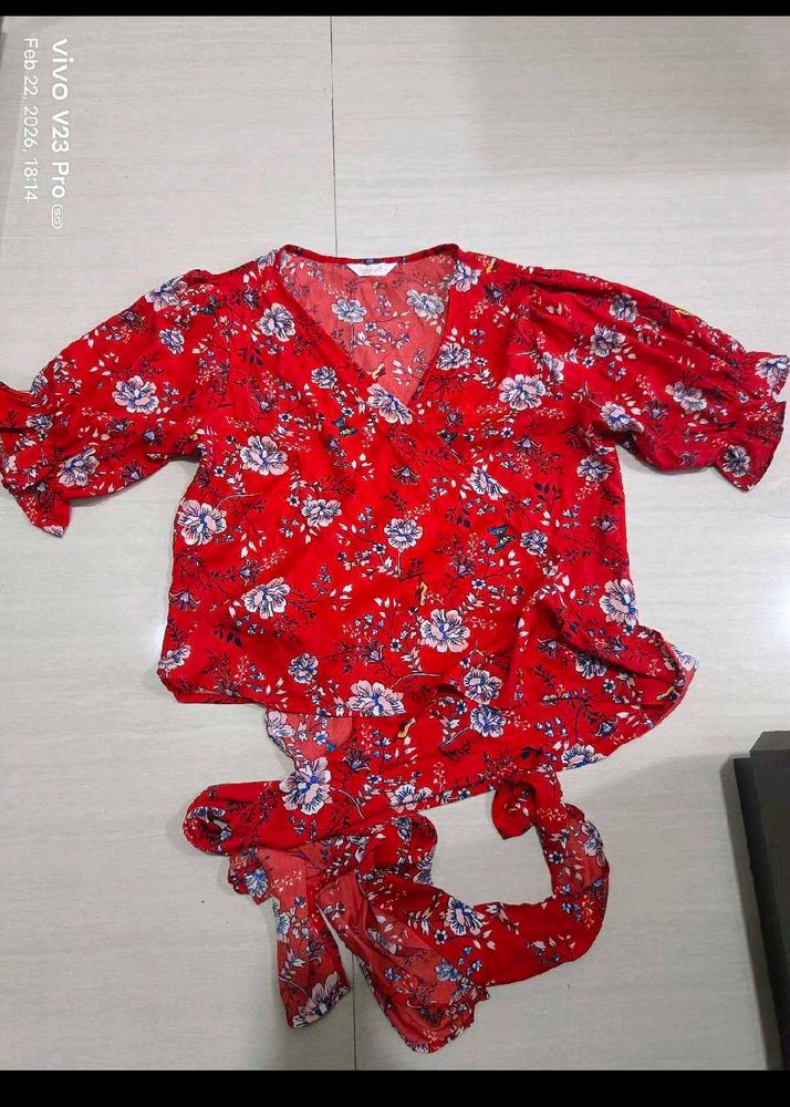 Boho Red Floral Wrap Top