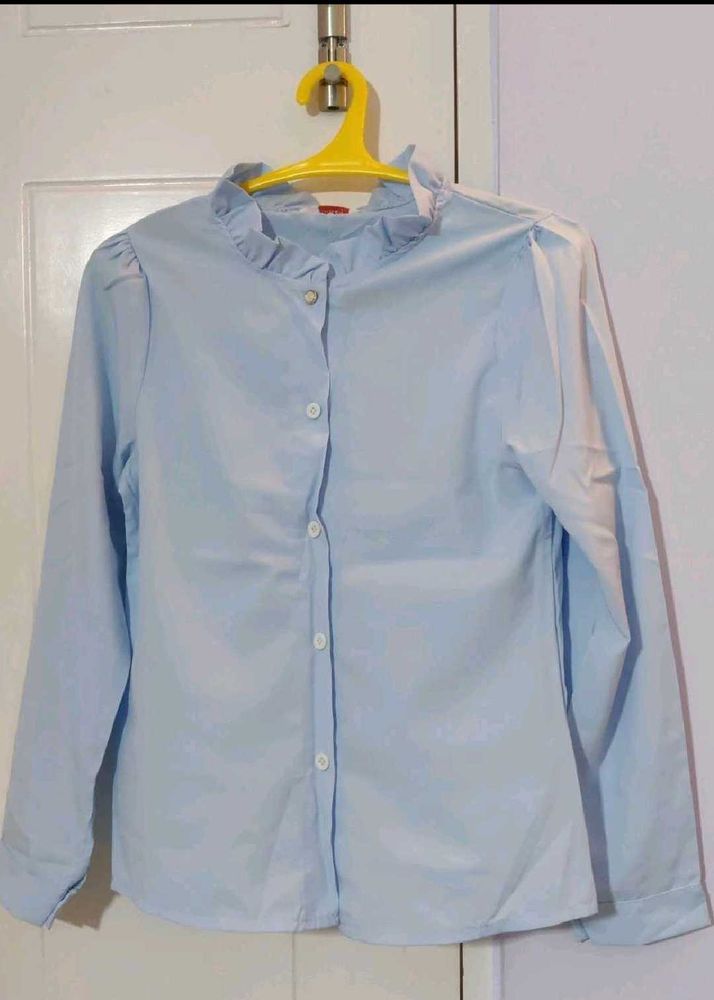Light Blue Button-Up Ruffle Top