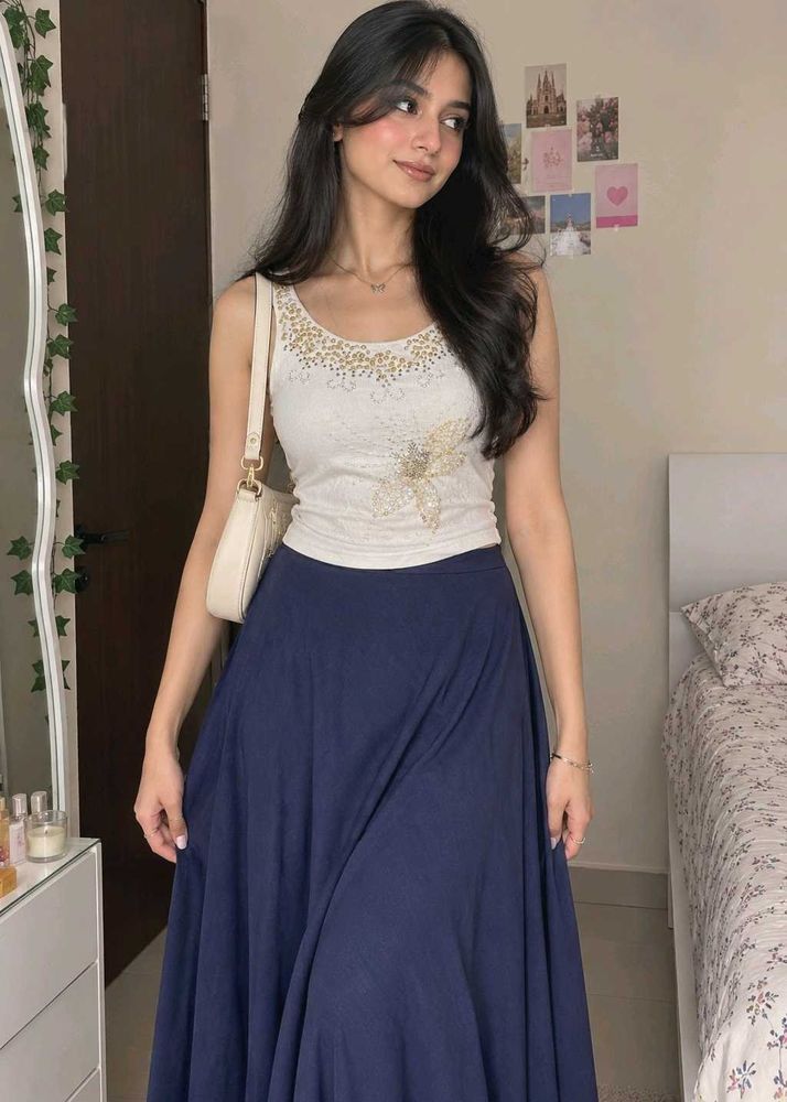 White Embellished  Top &amp; Navy Blue Flare