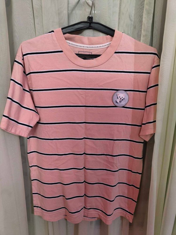 Pink Striped T-Shirt with Bear Patch