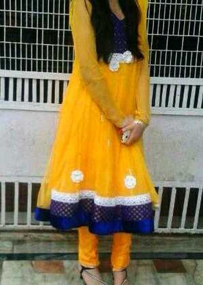 Yellow Anarkali Suit with Blue Border