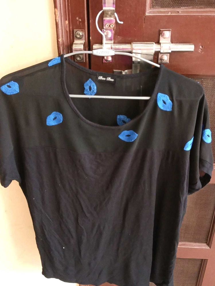 Black Top with Blue Lips patchwork